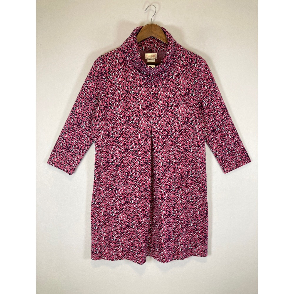 Preppy Top It Off Women Medium Pink Leopard Cowl Neck Front Pleat Tunic Top